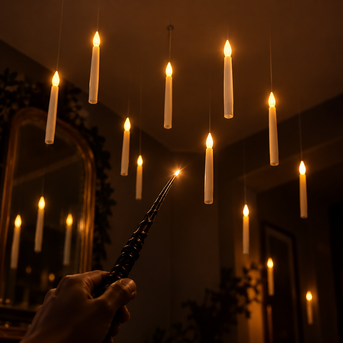 Wand remote controlling a floating candle display