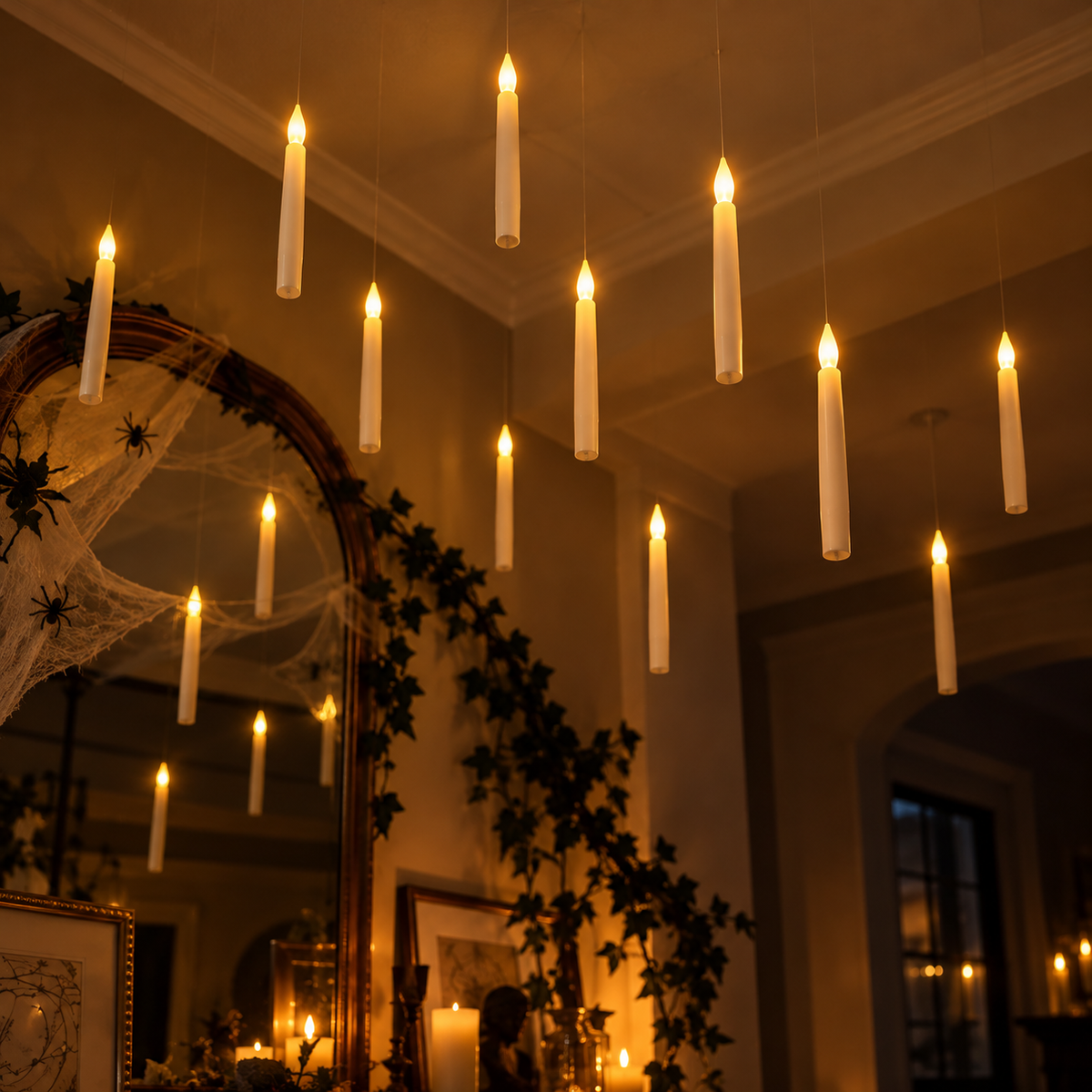 Floating candles creating a warm glow in a Halloween space