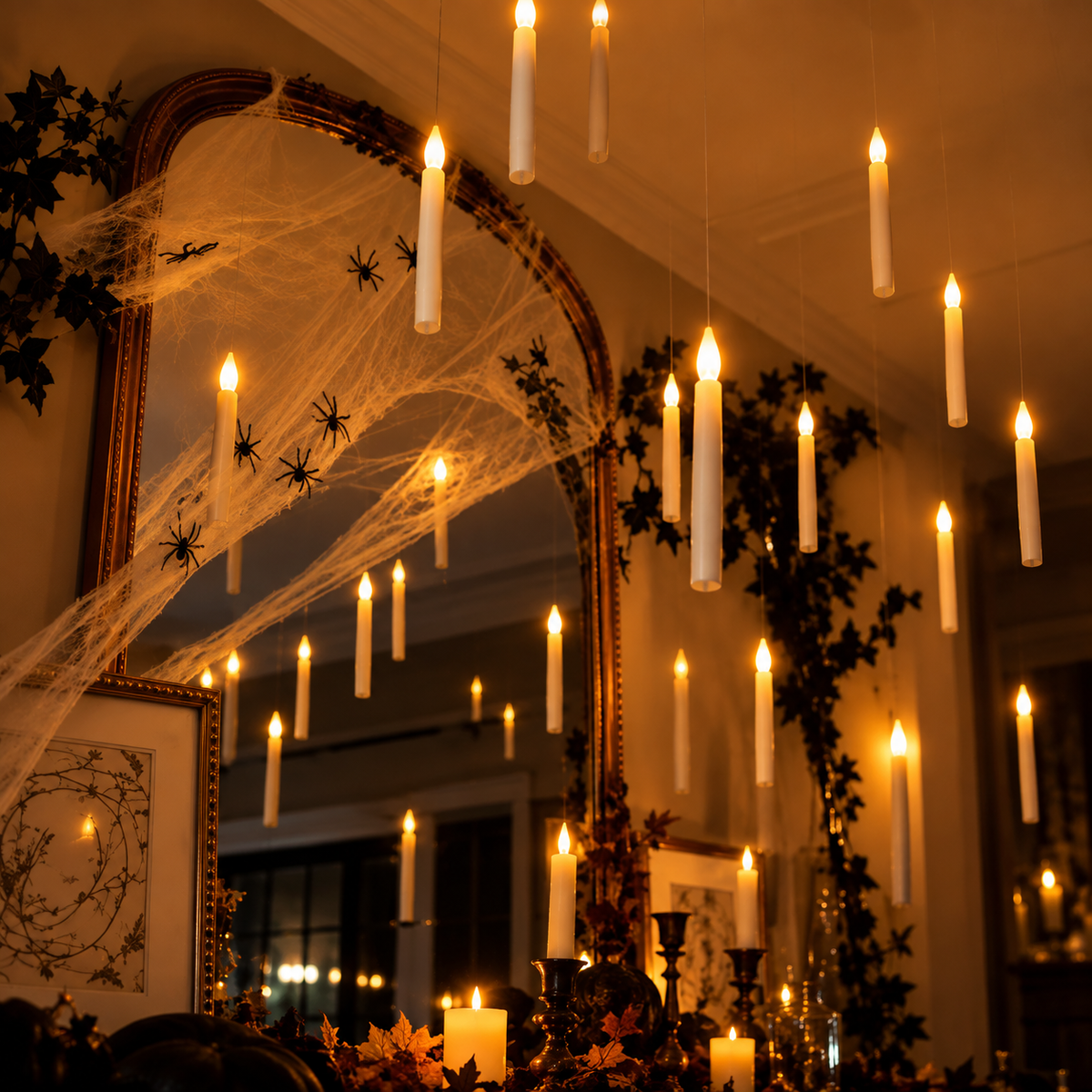 Floating candlelight paired with Halloween decorations