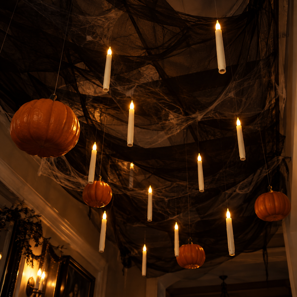 Floating candles with hanging pumpkins in a Halloween setting