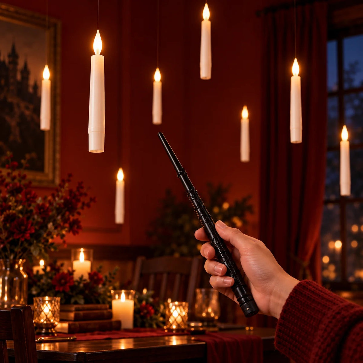 Hand holding the magic wand remote toward floating LED candles in a warm red room