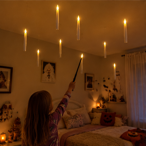 Floating candles in a bedroom with a wand remote