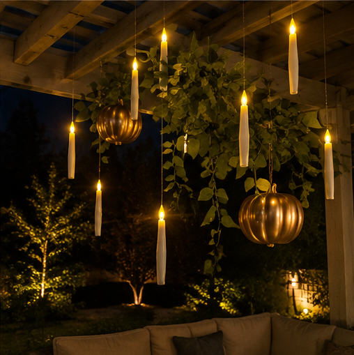 Floating candles on an outdoor patio at night