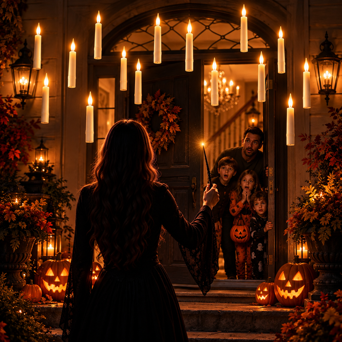 A woman raises a wand as Akyilia floating LED candles glow above a Halloween doorway while a family watches in awe