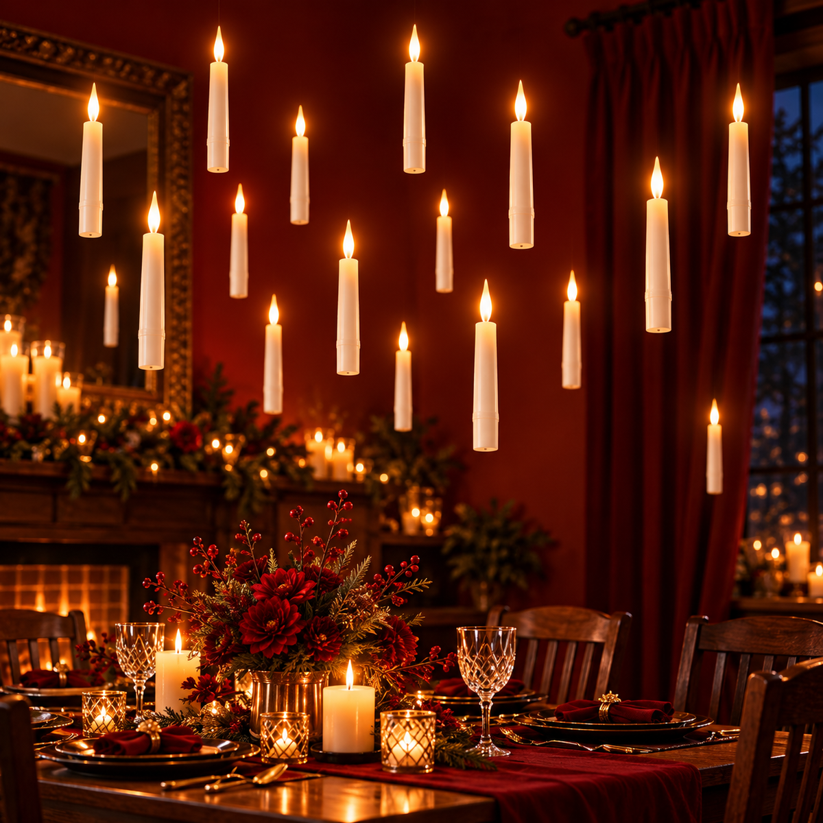 Flameless LED taper candles appearing to float above a candlelit dining table