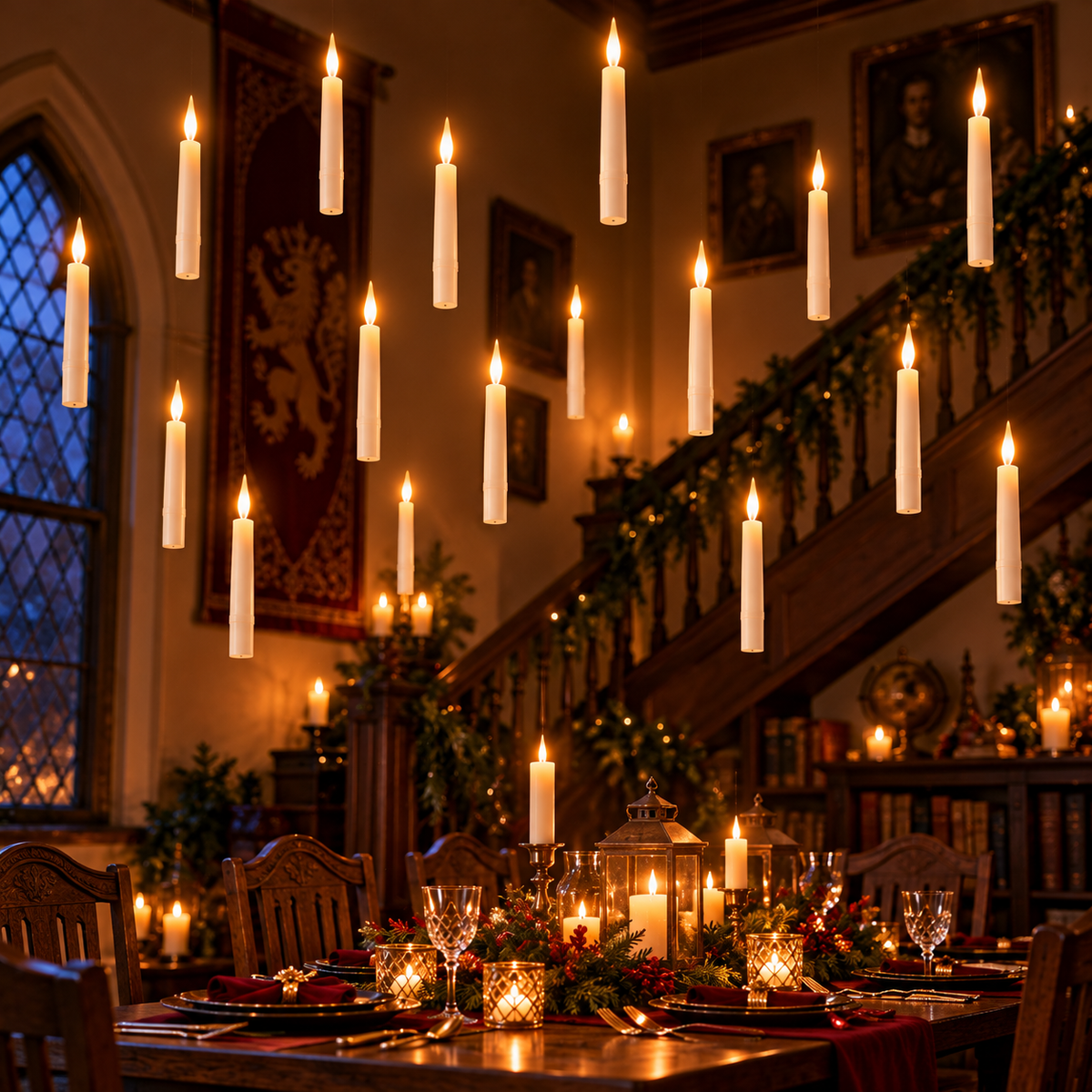 Floating LED candles hovering in a grand hall with a staircase and warm amber glow