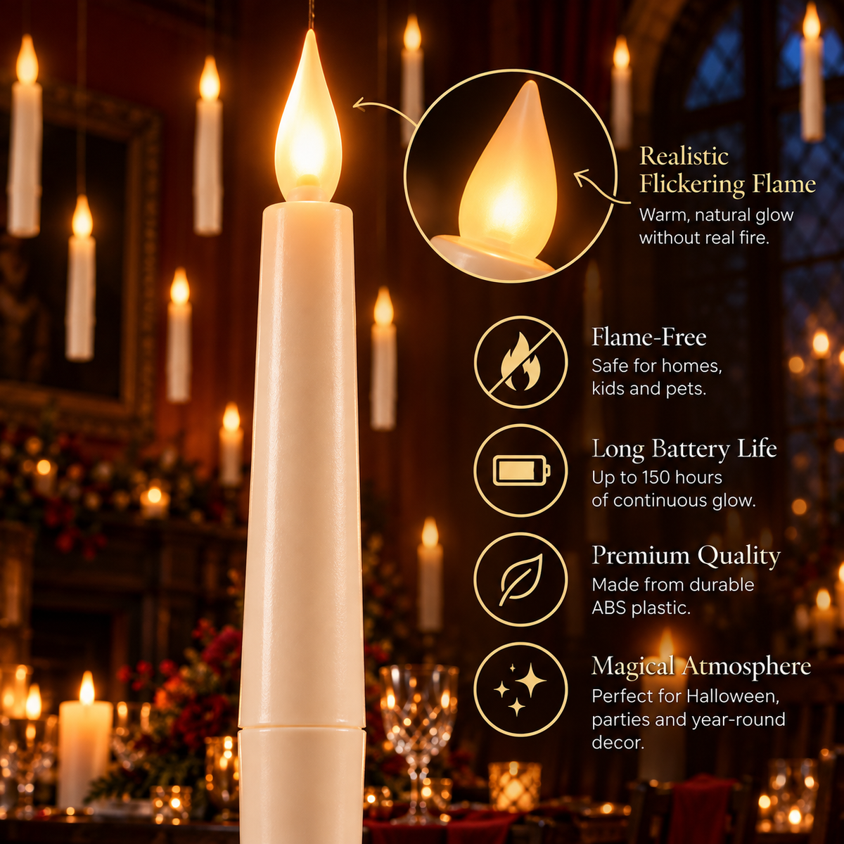 Close-up of an Akyilia LED taper candle with a flickering flame-shaped bulb and feature highlights