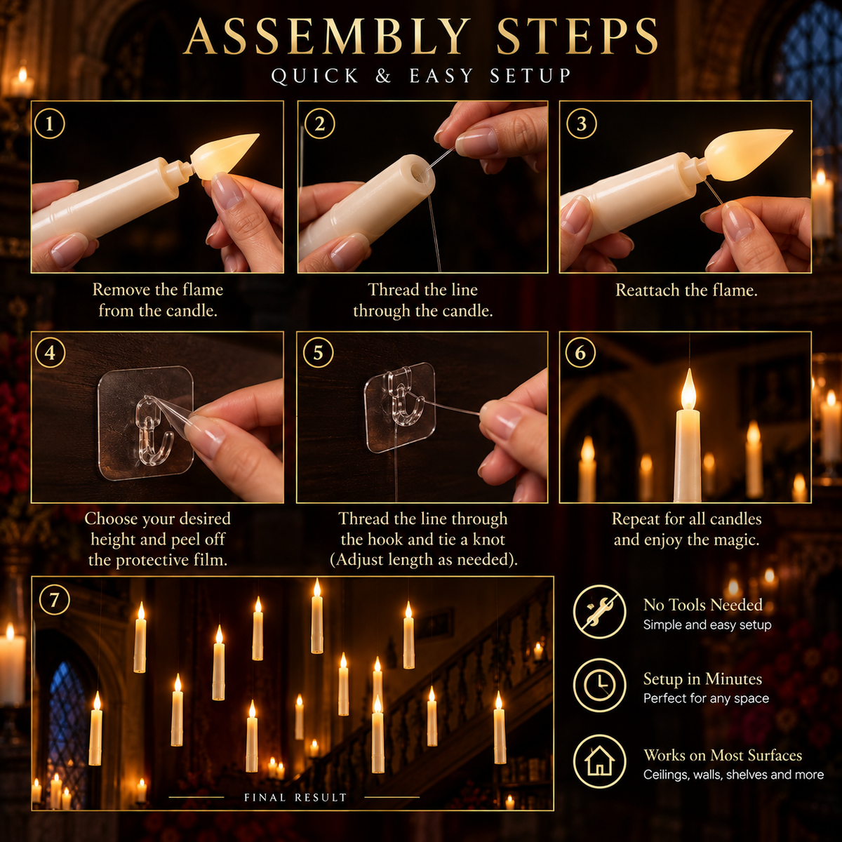Assembly steps for hanging the floating candles with line and hooks, plus the finished result