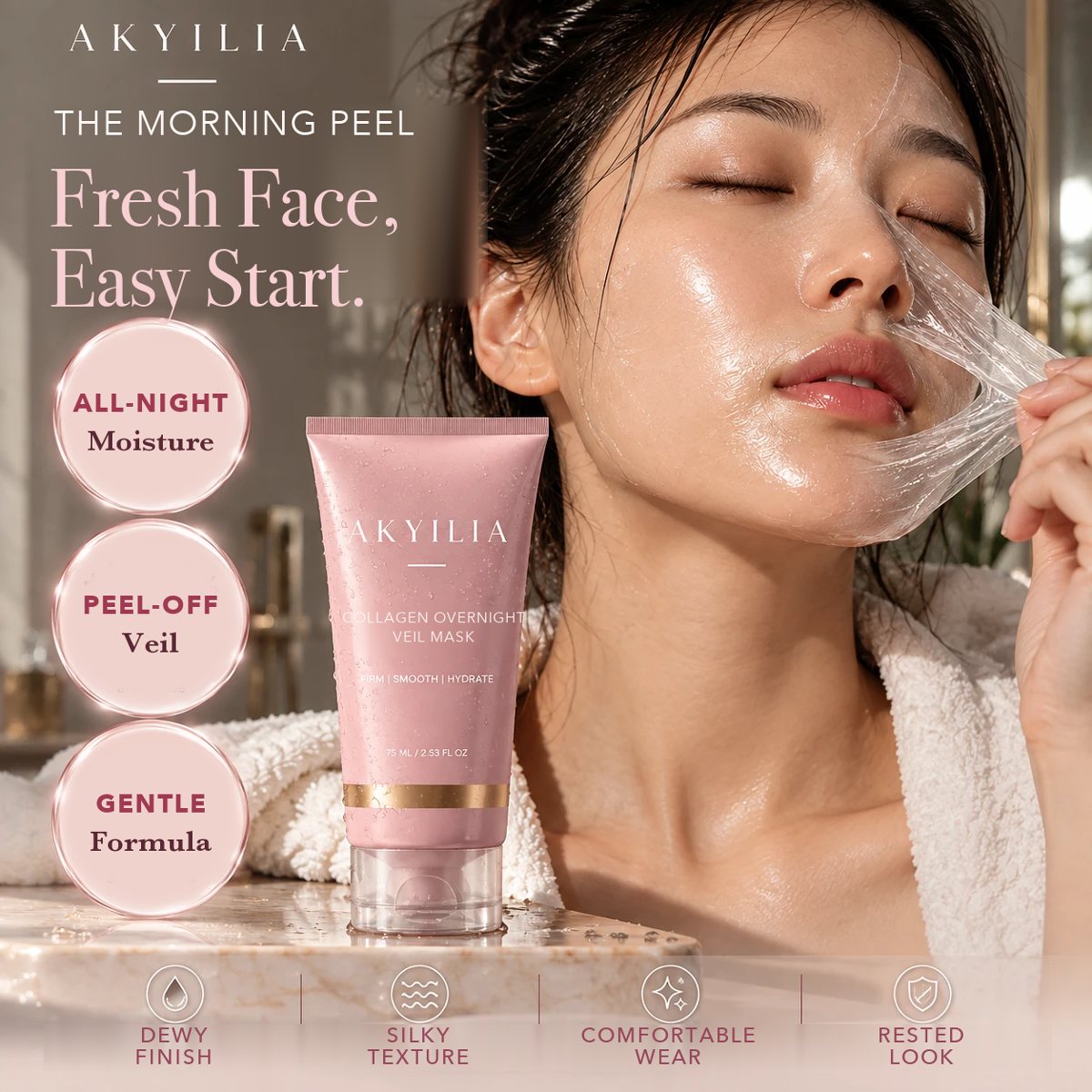 Akyilia Collagen Overnight Veil Mask being peeled away in the morning